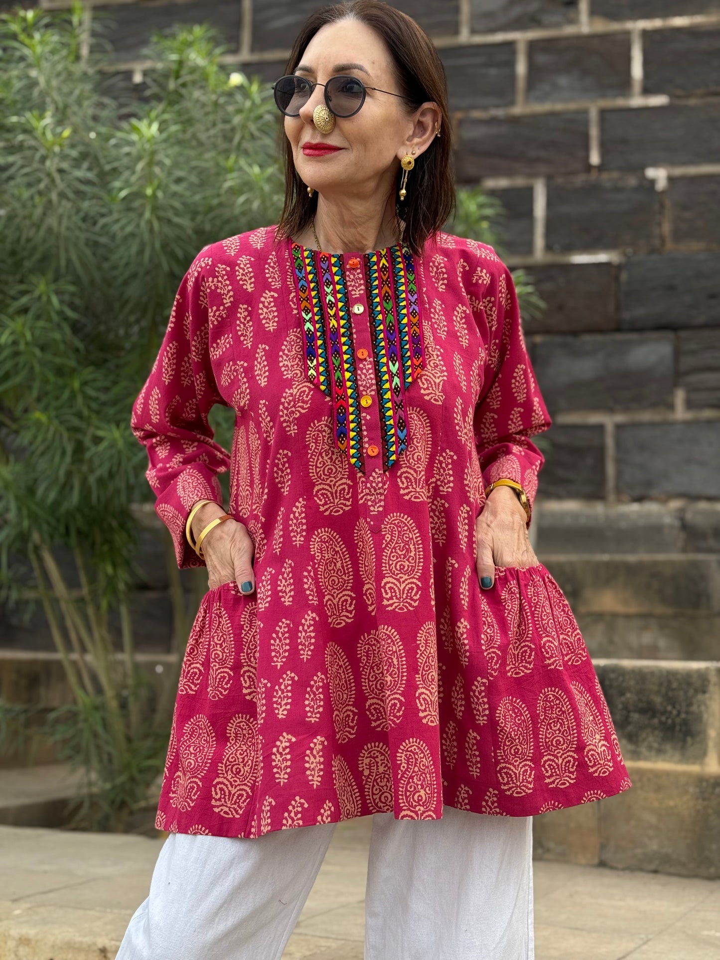 Pink Paisley Tunic with Colorful Hand Embroidery
