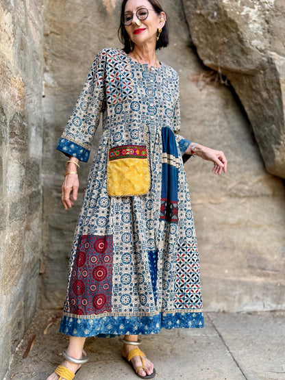 Indigo Cotton Patch Dress with Kutch Embroidery