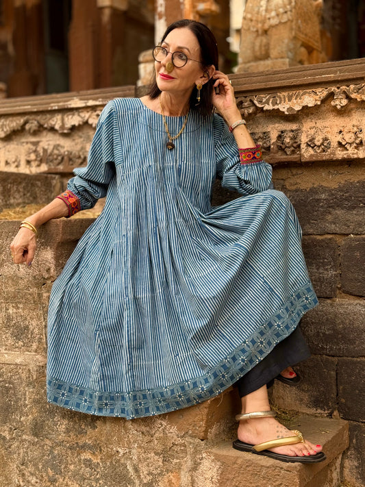 Indigo Ajrakh Cotton Dress with Kutch Mirror Work Sleeves