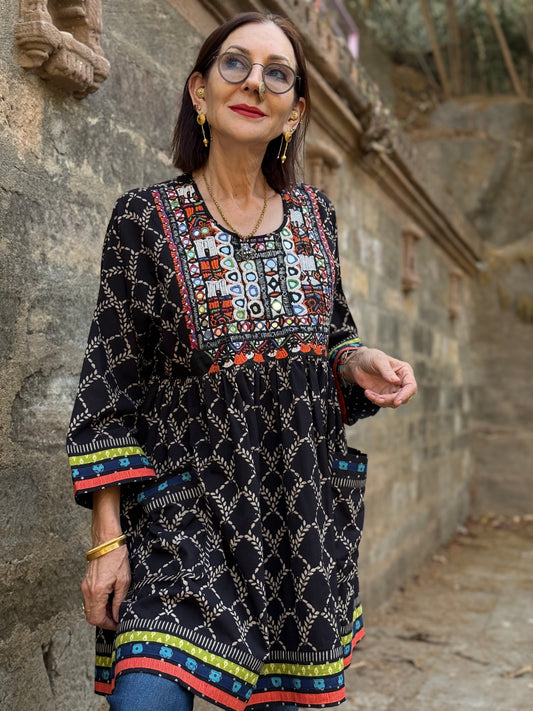 Black Cotton Kutch Embroidery Tunic