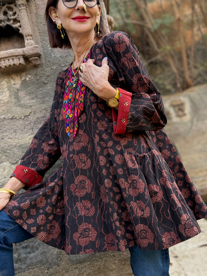 Ajrakh Cotton tunic with Indian mirror embroidery