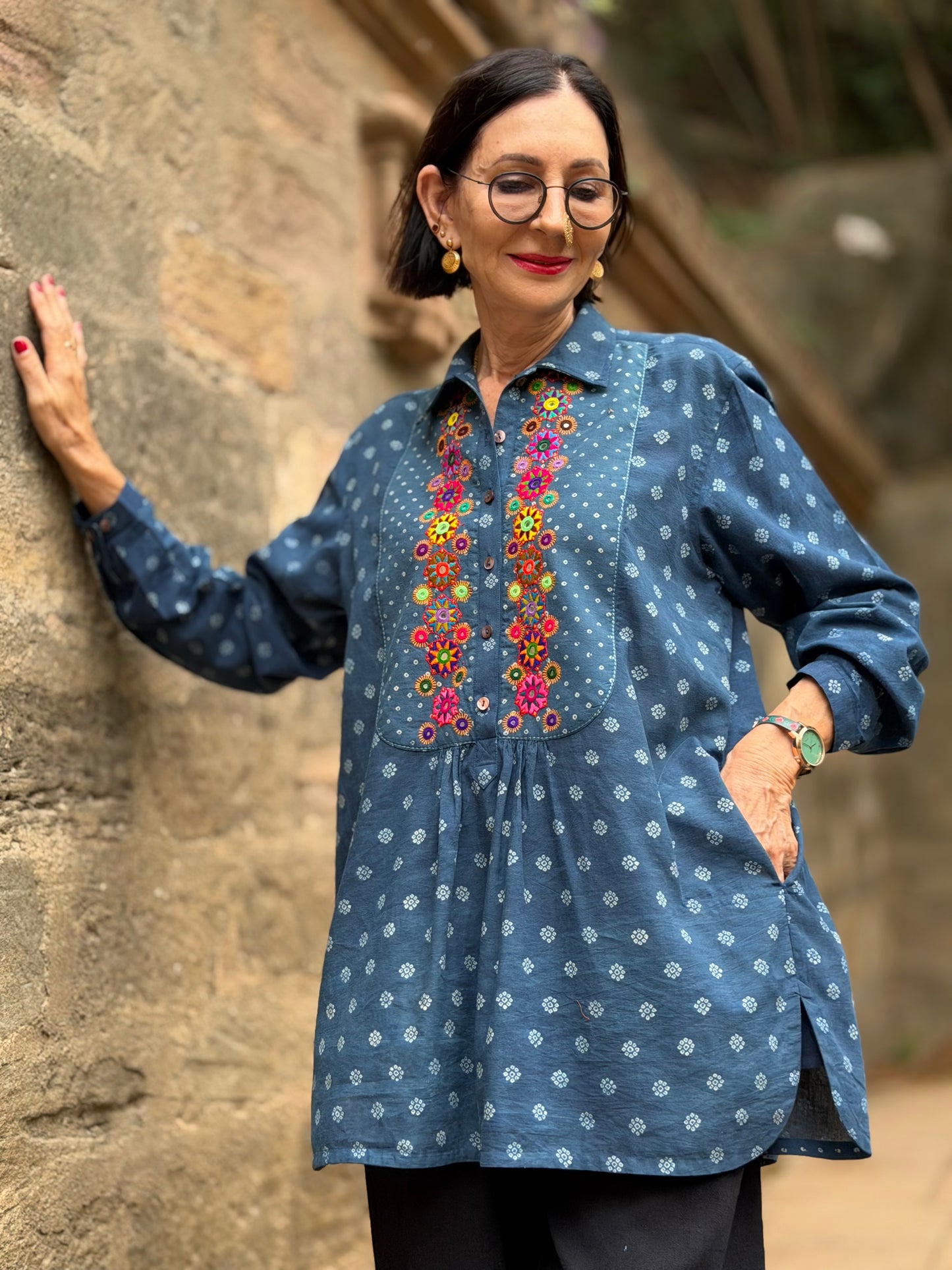 Pretty Hand Embroidered Shirt in Indigo Blue