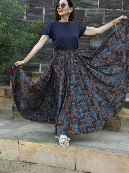 Abstract Indigo Midi Skirt Block from  Hand Printed Cotton. Perfect Twirl Skirt