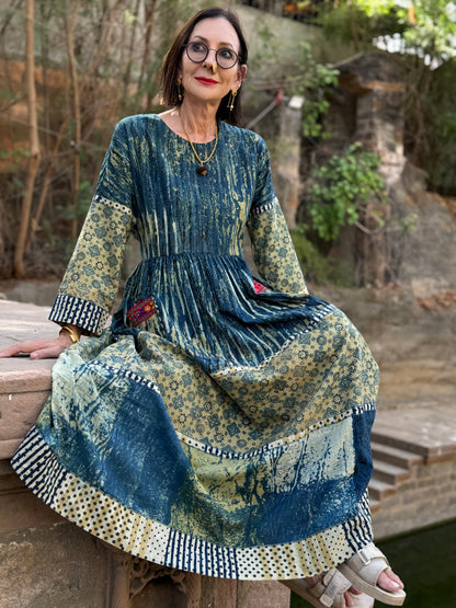 Arty cotton dress in hand printed indigo