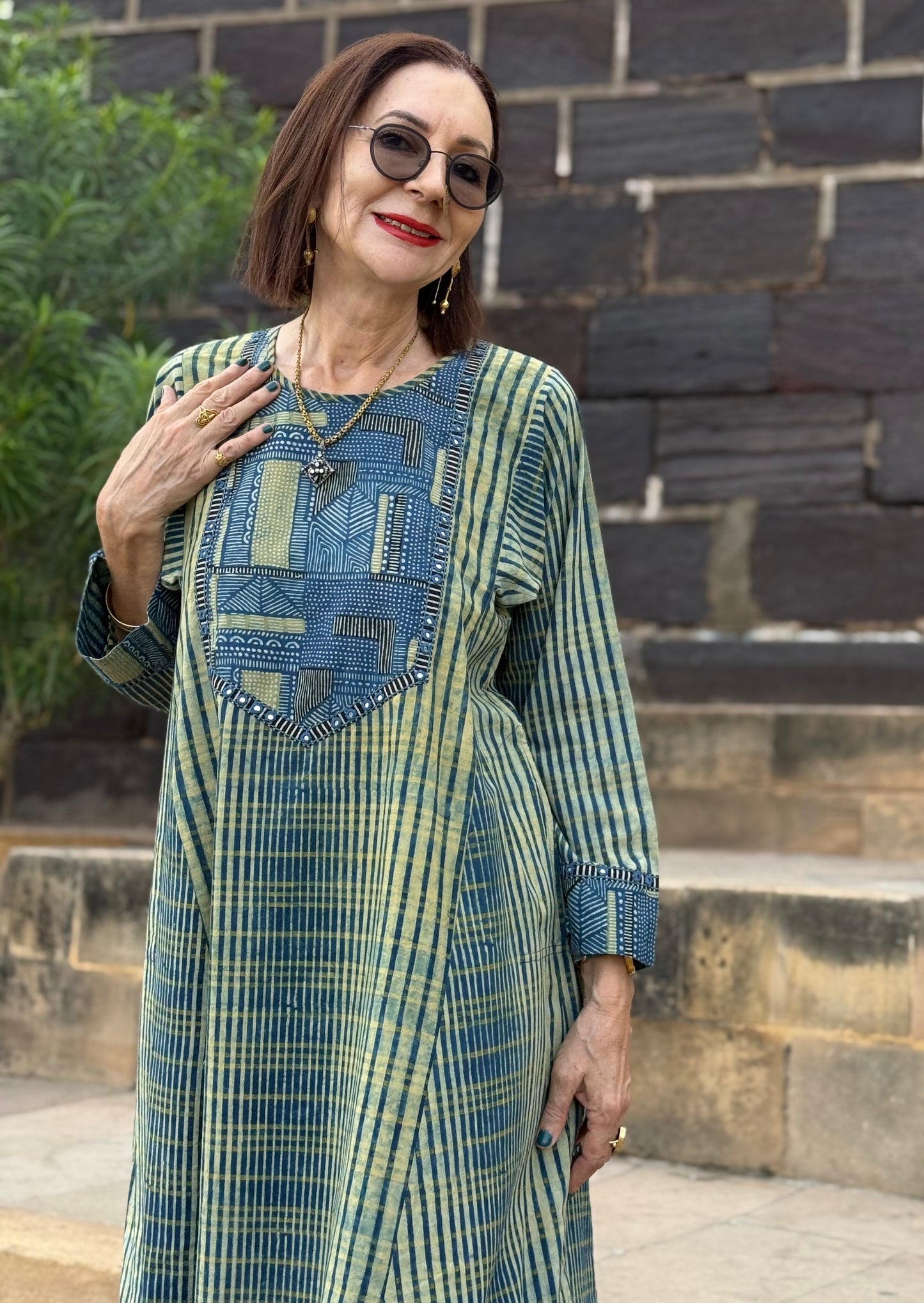 Indigo Ajrakh Flared Kurta Dress