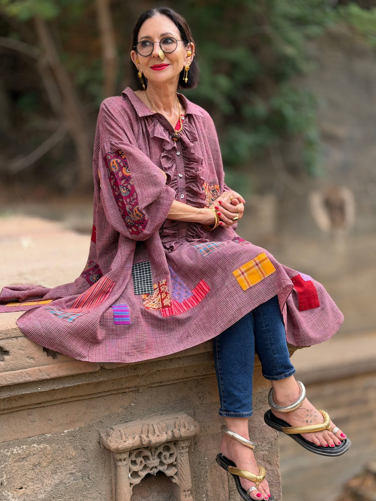 Limited Edition Bohemian Patchwork Handwoven Muslin-Cotton Ruffled Shirt