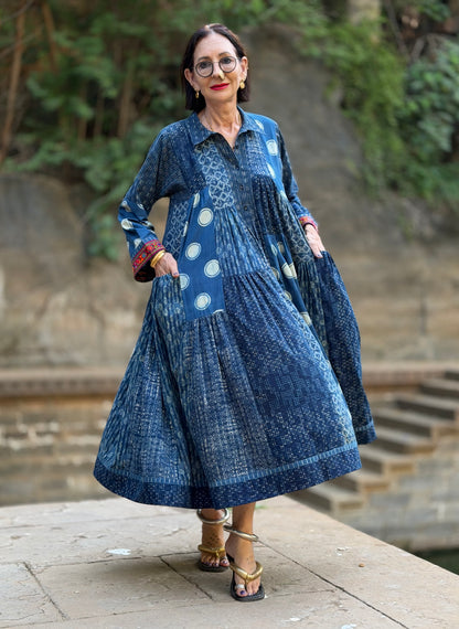 Madame Hall Indigo Blue Polka Dot Hand-Embroidered Patchwork Dress