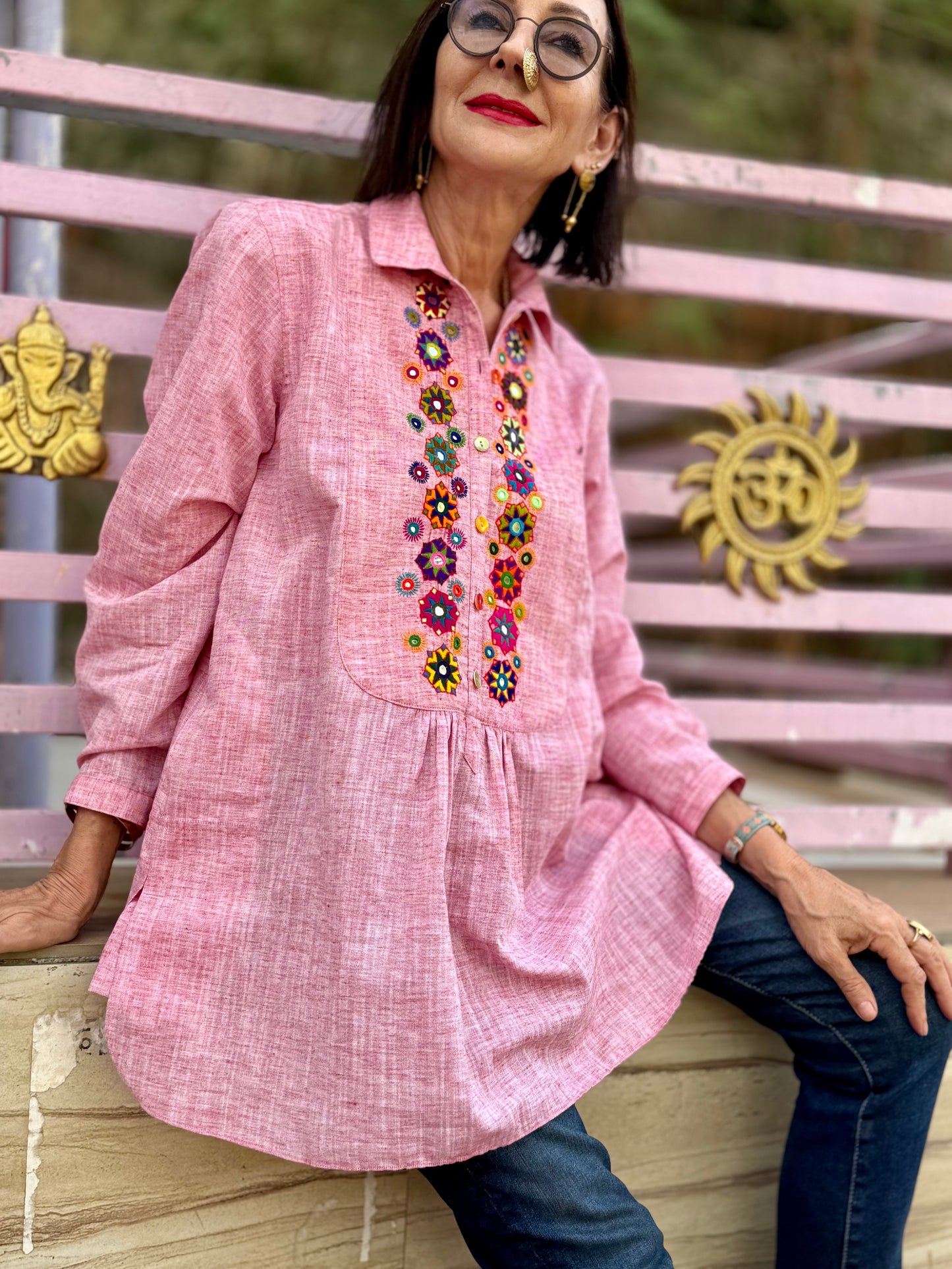 Khadi Cotton Pink Embroidery Shirt