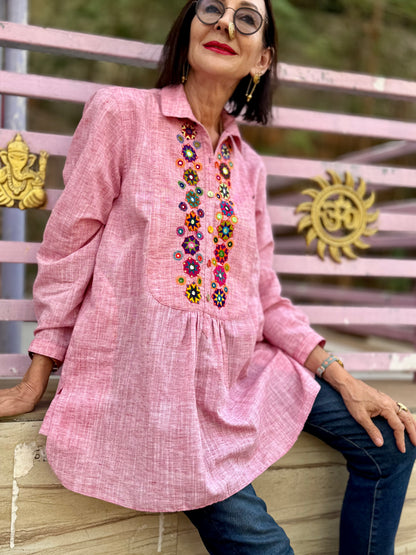 Khadi Cotton Pink Embroidery Shirt