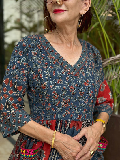 Indigo & Red Ajrakh Maxi Dress with Hand Embroidered Pockets