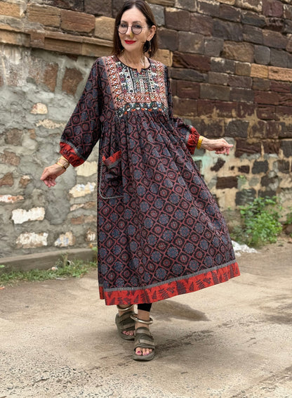 Dark indigo Ajrakh dress with fine Kutch hand embroidery