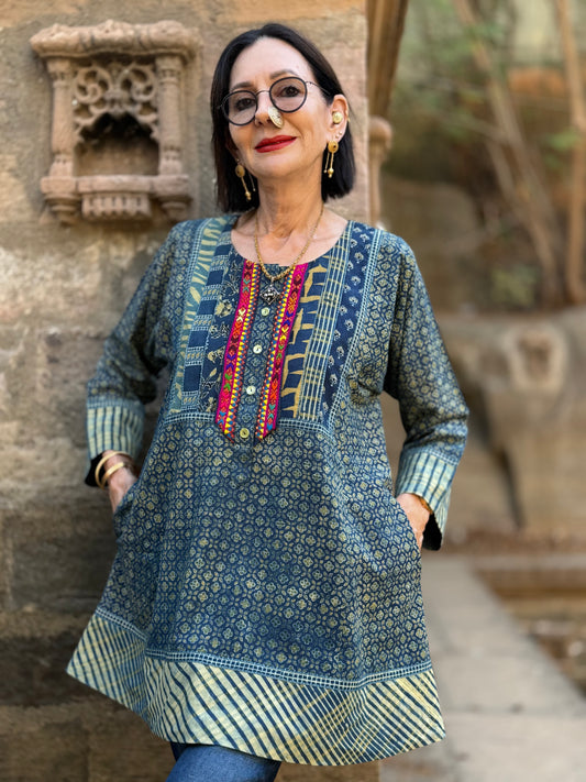 Hand Embroidered Indigo Cotton Tunic