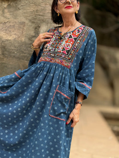 The Indigo Jat Dress: 1-of-1 Vintage Ajrakh Artwear