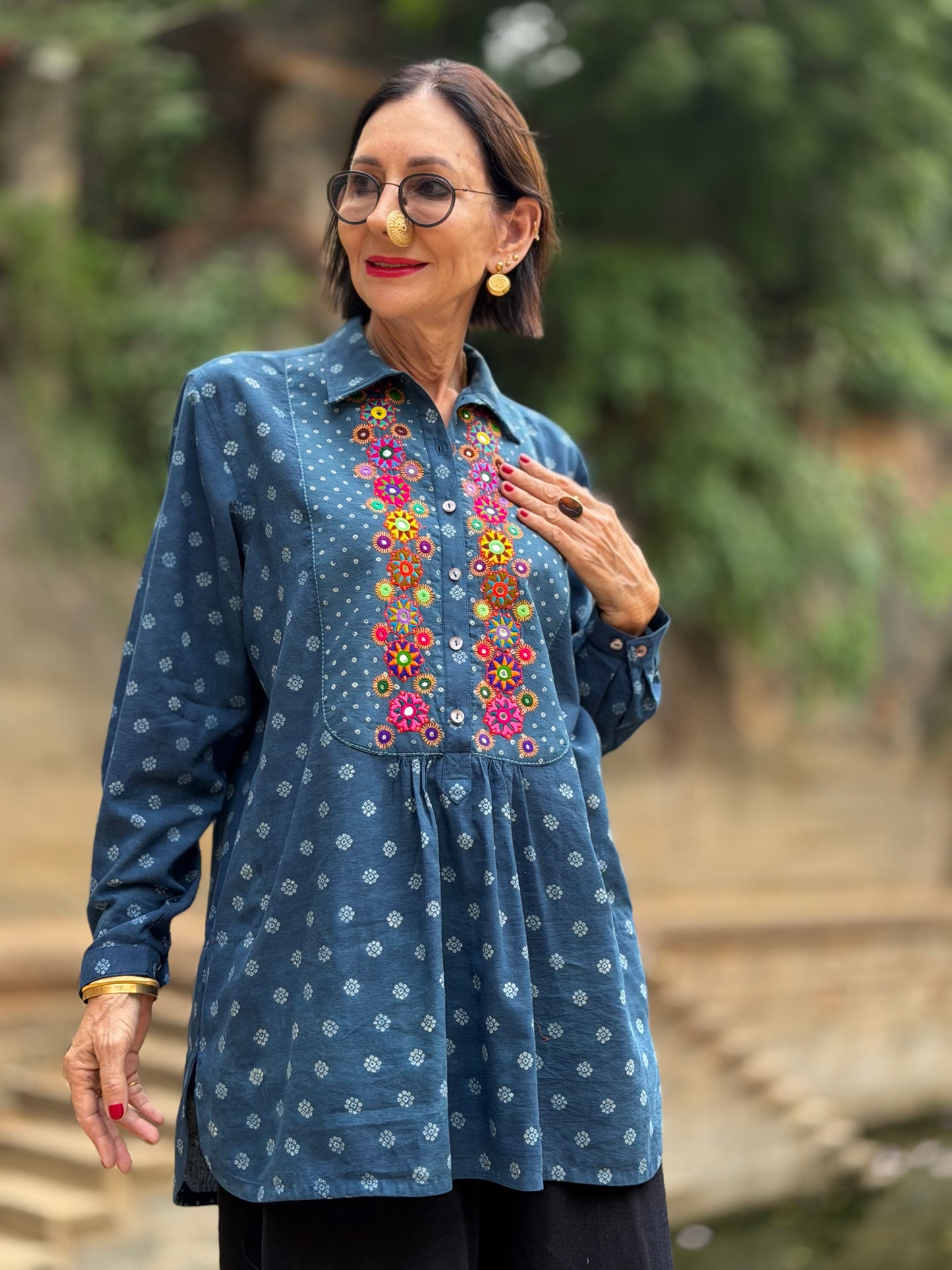 Pretty Hand Embroidered Shirt in Indigo Blue