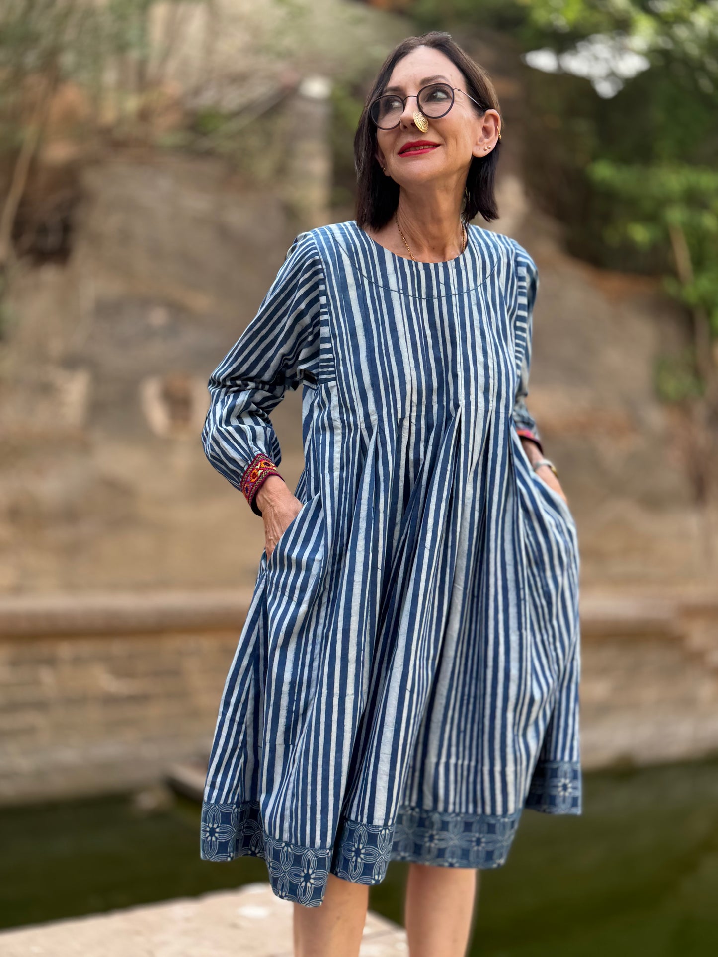 Indigo Blue Striped Cotton Dress With Hand Embroidery