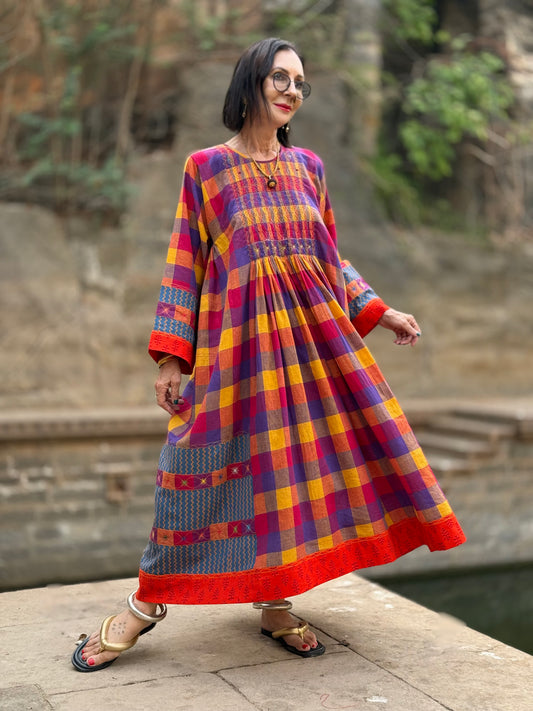 Colorful Cotton Check Designer Dress with Smocked Bodice