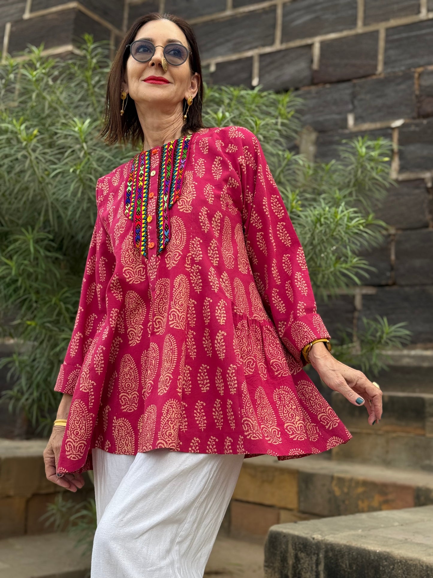Pink Paisley Tunic with Colorful Hand Embroidery