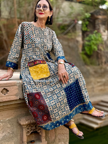 Indigo Cotton Patch Dress with Kutch Embroidery
