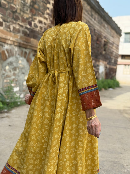 Hand Printed Organic Cotton Dress with Vintage Kutch Embroidery – Yellow Boho Midi Dress with Pockets