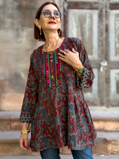 Cotton Ajrakh Tunic with Colorful Embroidery