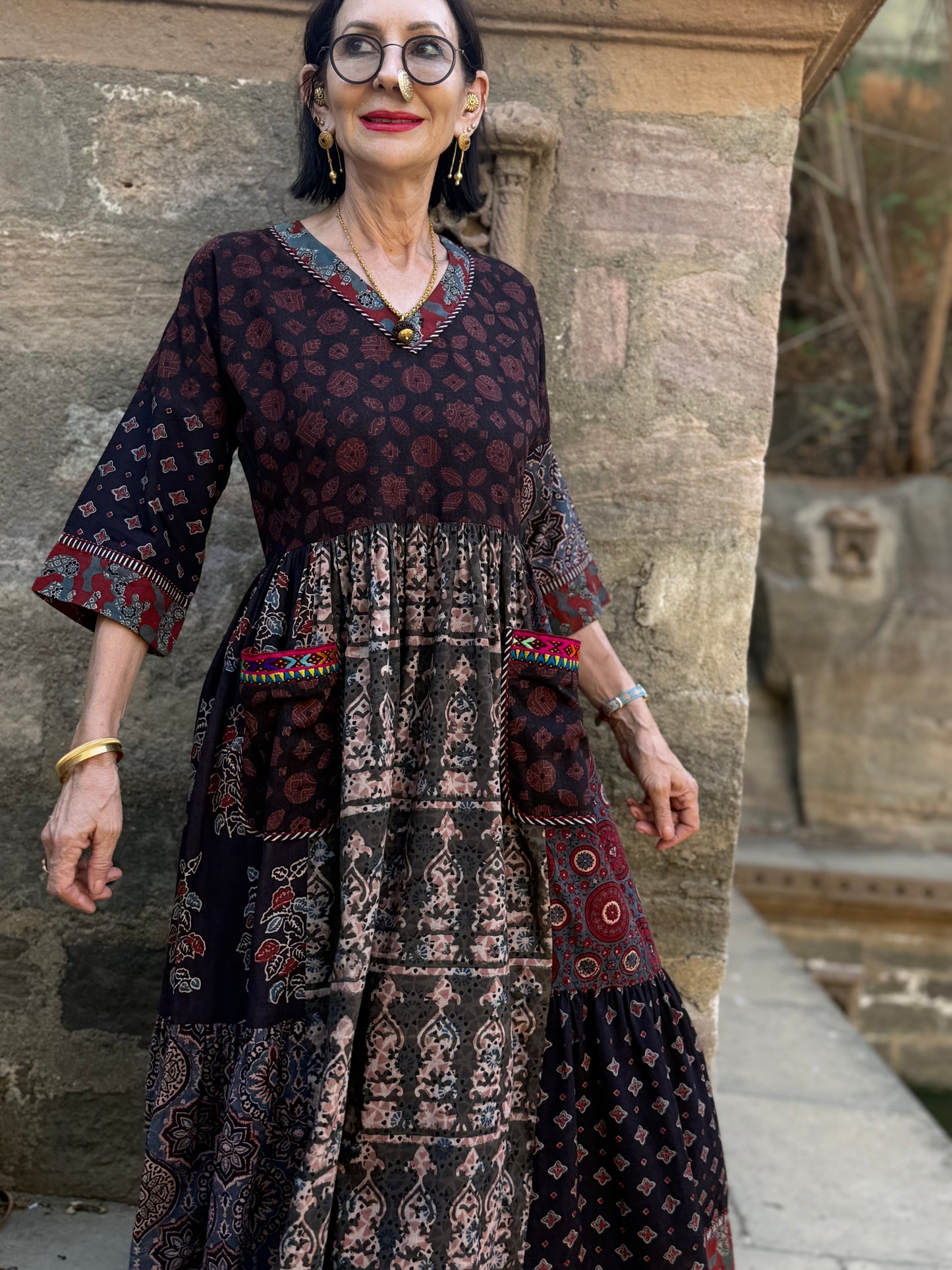 Pattern mix dress of Ajrakh artistry