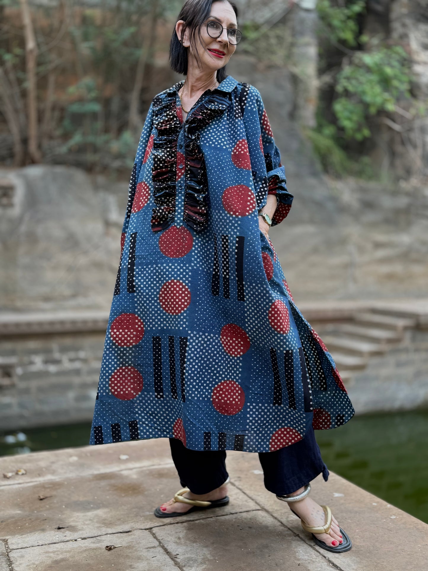 Modernist Indigo Ajrakh Cotton Shirtdress