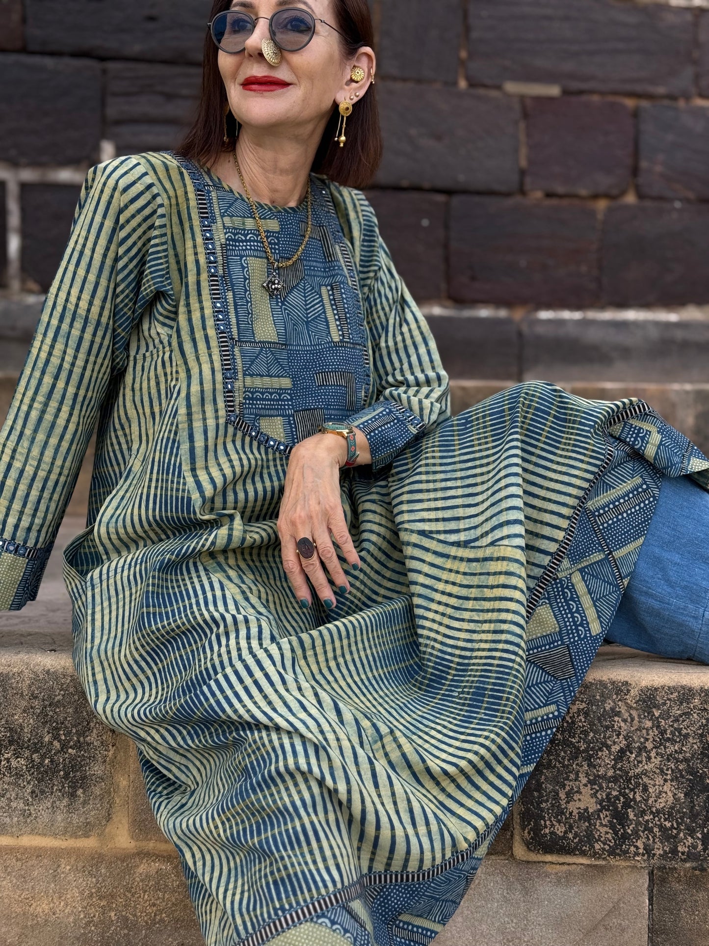 Indigo Ajrakh Flared Kurta Dress