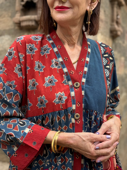 Cotton Ajrakh kaftan tunic with embroidery