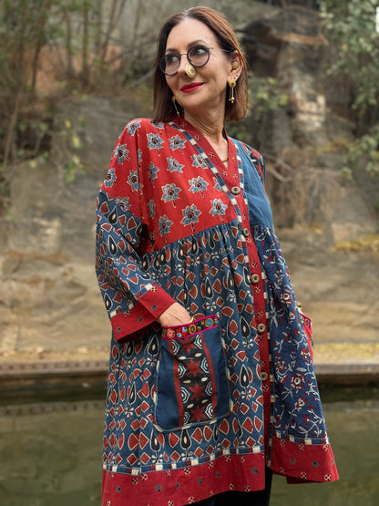 Cotton Ajrakh kaftan tunic with embroidery
