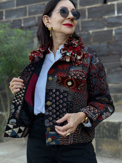 Handcrafted Ajrakh Patchwork Bomber Jacket - Luxe Art-to-Wear Design