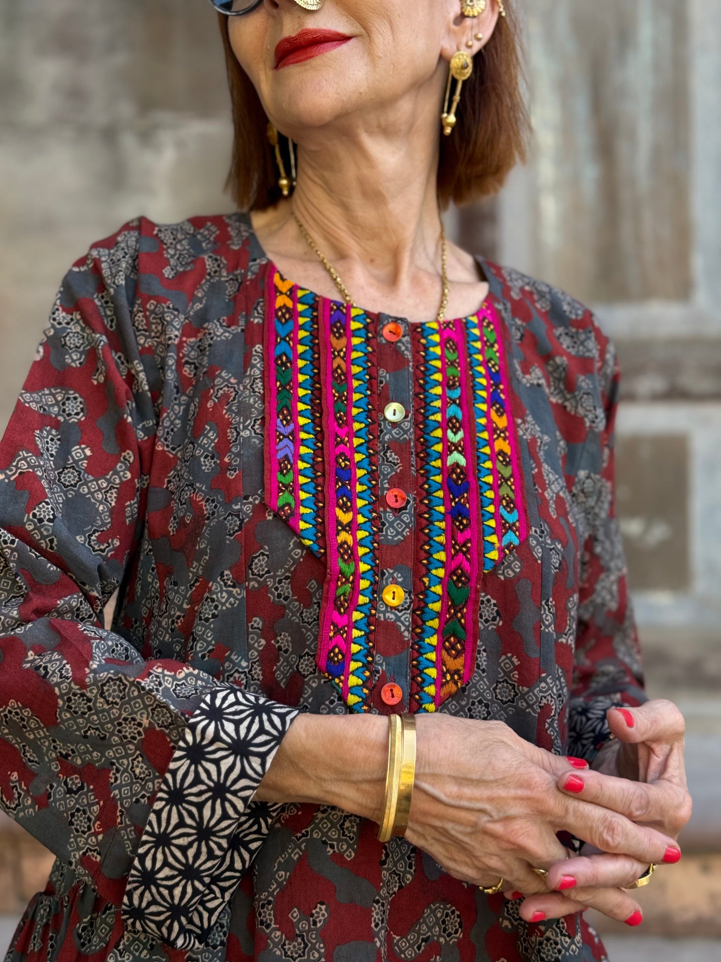 Cotton Ajrakh Tunic with Colorful Embroidery