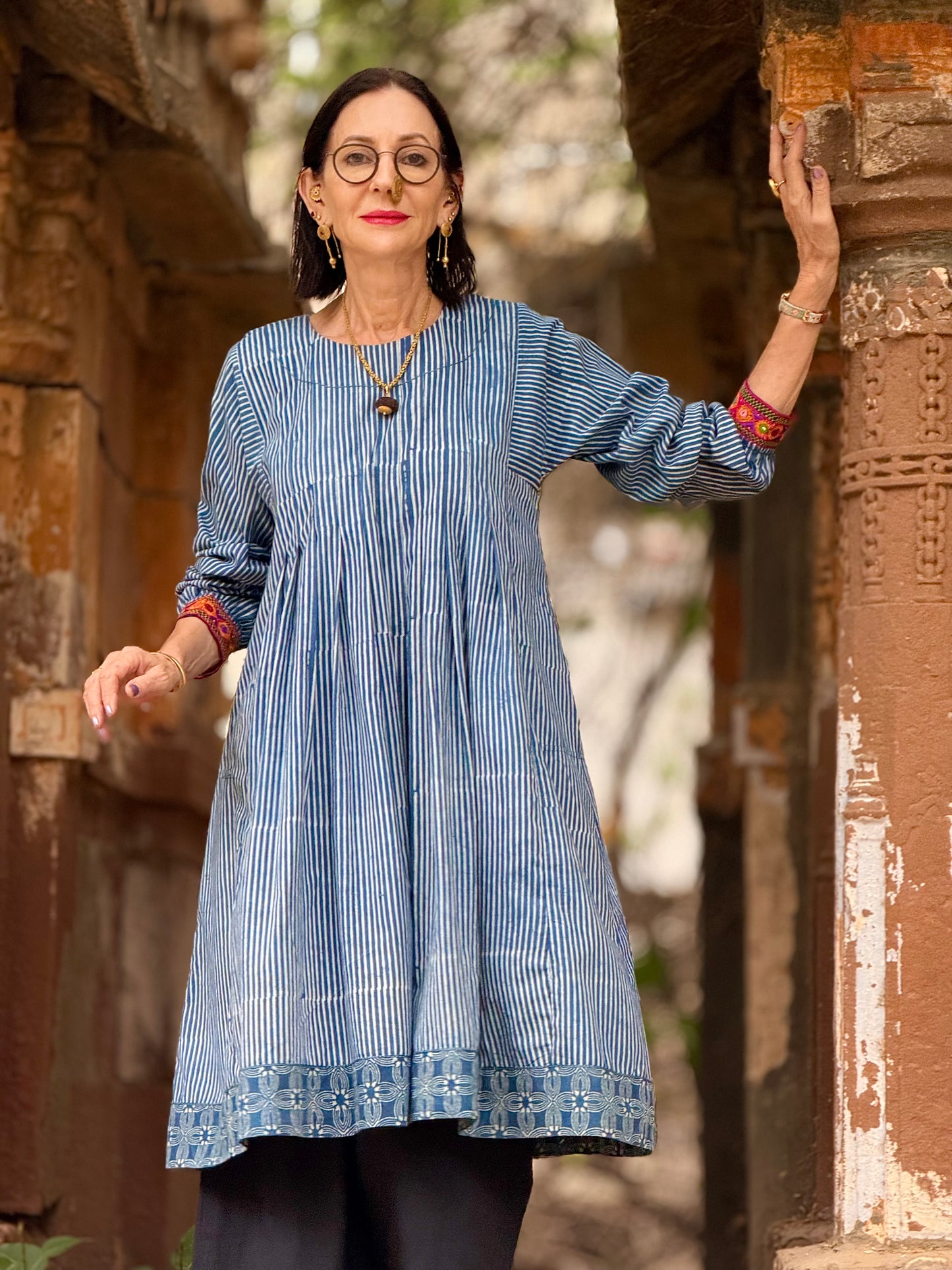 Pin Striped Indigo Blue Dress With Hand Embroidery