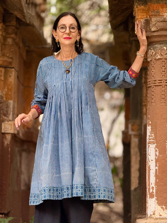 Indigo Ajrakh Cotton Dress with Kutch Mirror Work Sleeves