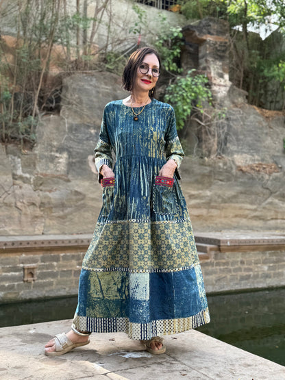 Arty cotton dress in hand printed indigo