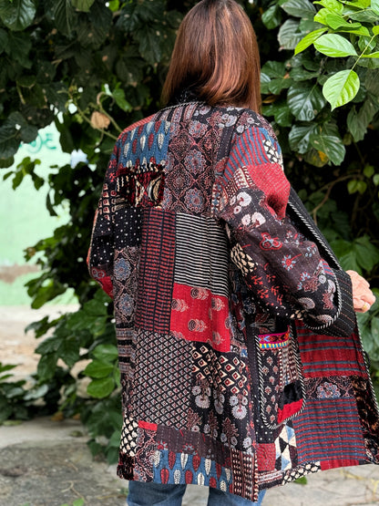 Hand quilted patchwork jacket of luxe Ajrakh