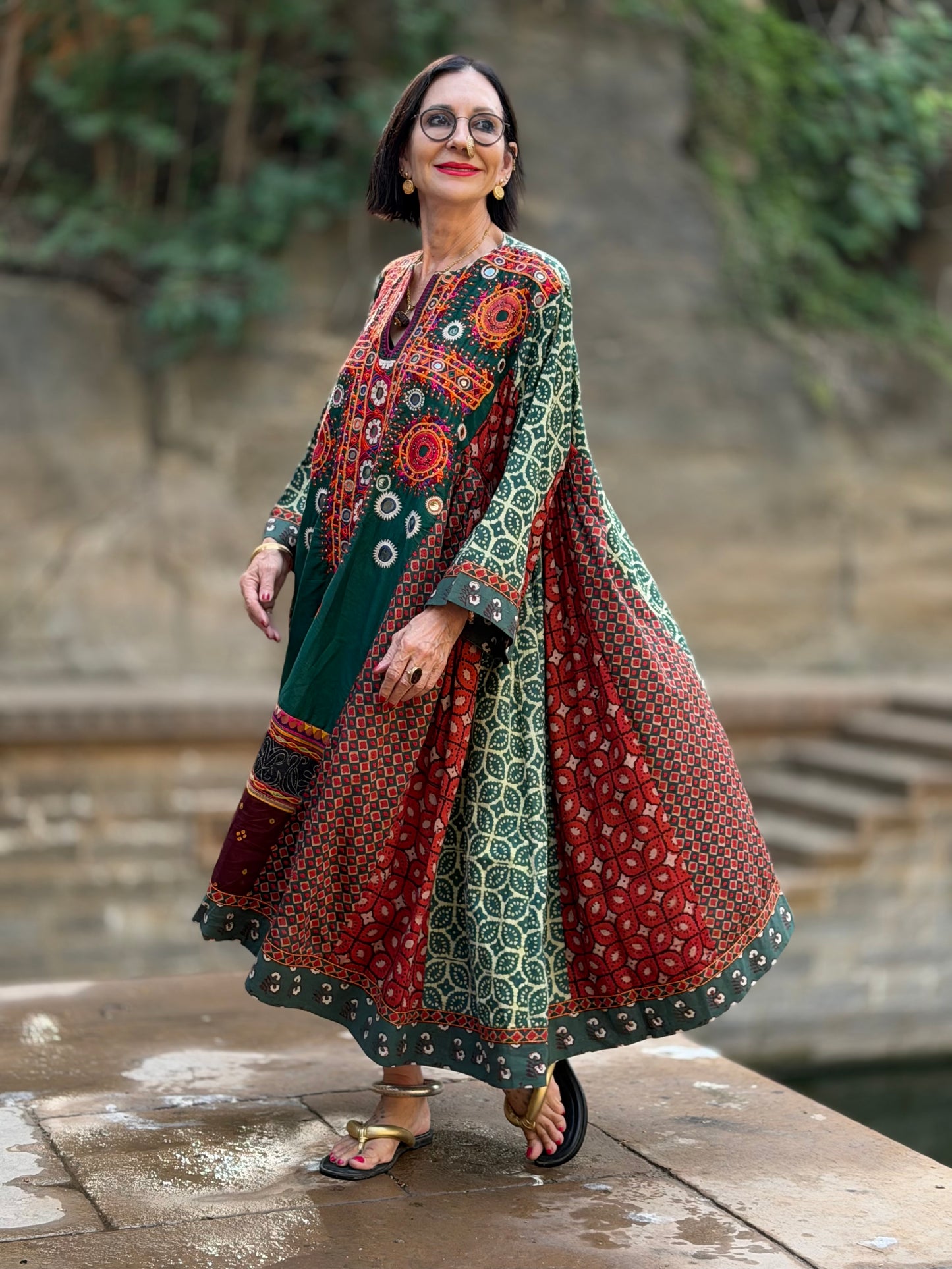 XXL Madame Hall 1-of-1 Green Artwear Dress with Rare Heritage Kutch Embroidered Yoke