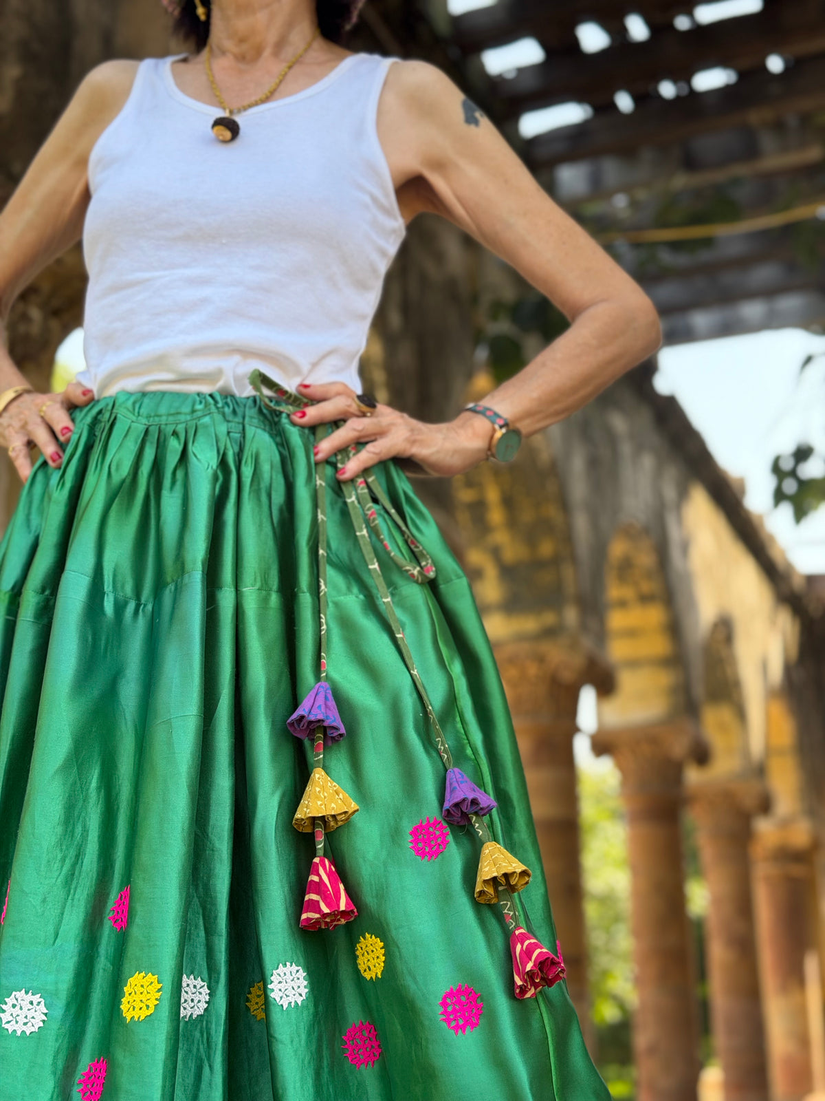 Vintage Emerald Green Hand-Embroidered Silk Navratri Midi Skirt