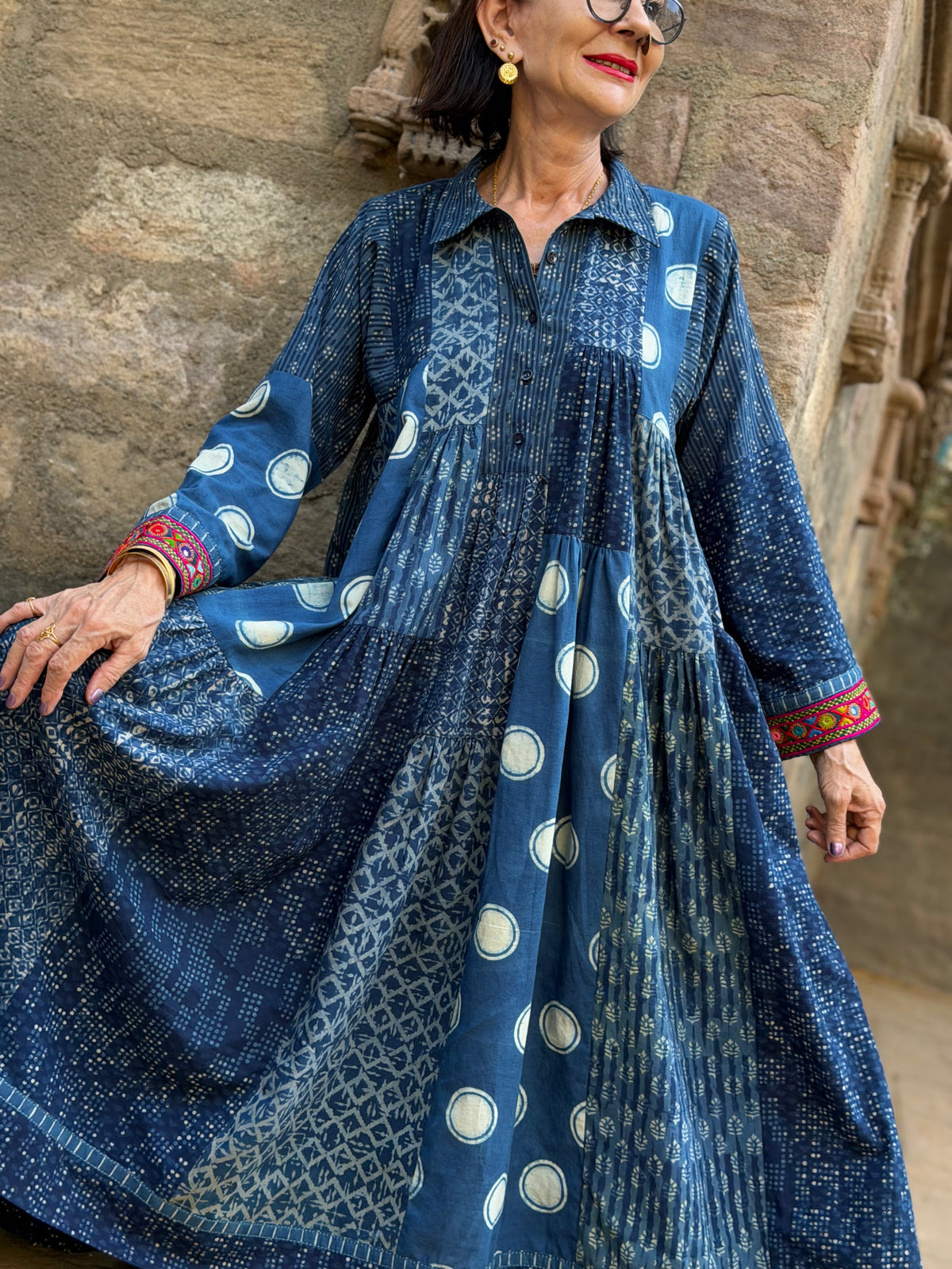 Madame Hall Indigo Blue Polka Dot Hand-Embroidered Patchwork Dress