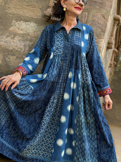 Madame Hall Indigo Blue Polka Dot Hand-Embroidered Patchwork Dress