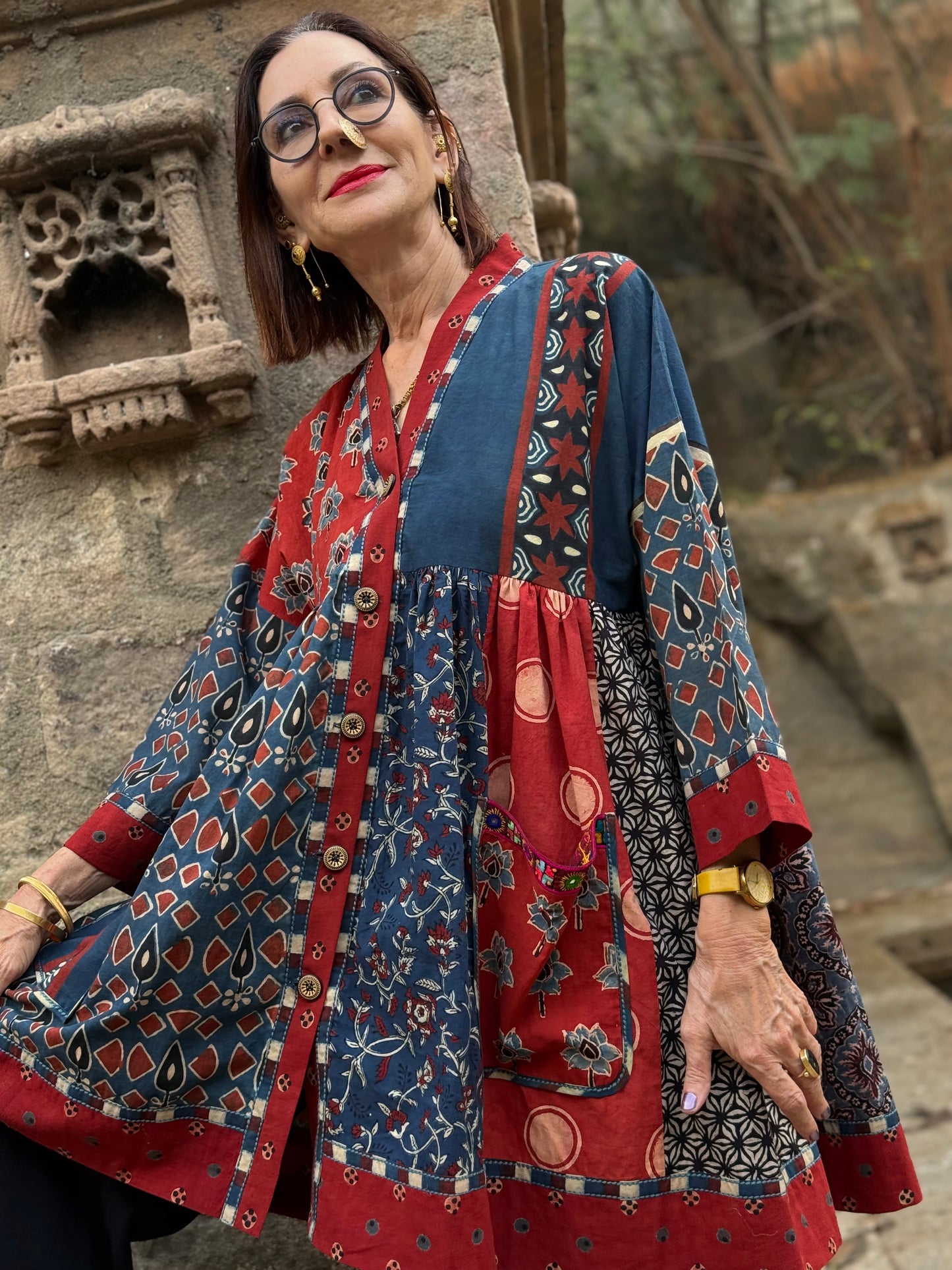 Cotton Ajrakh kaftan tunic with embroidery