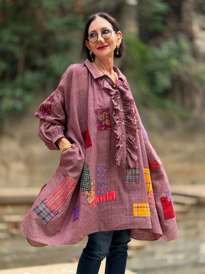 Limited Edition Bohemian Patchwork Handwoven Muslin-Cotton Ruffled Shirt