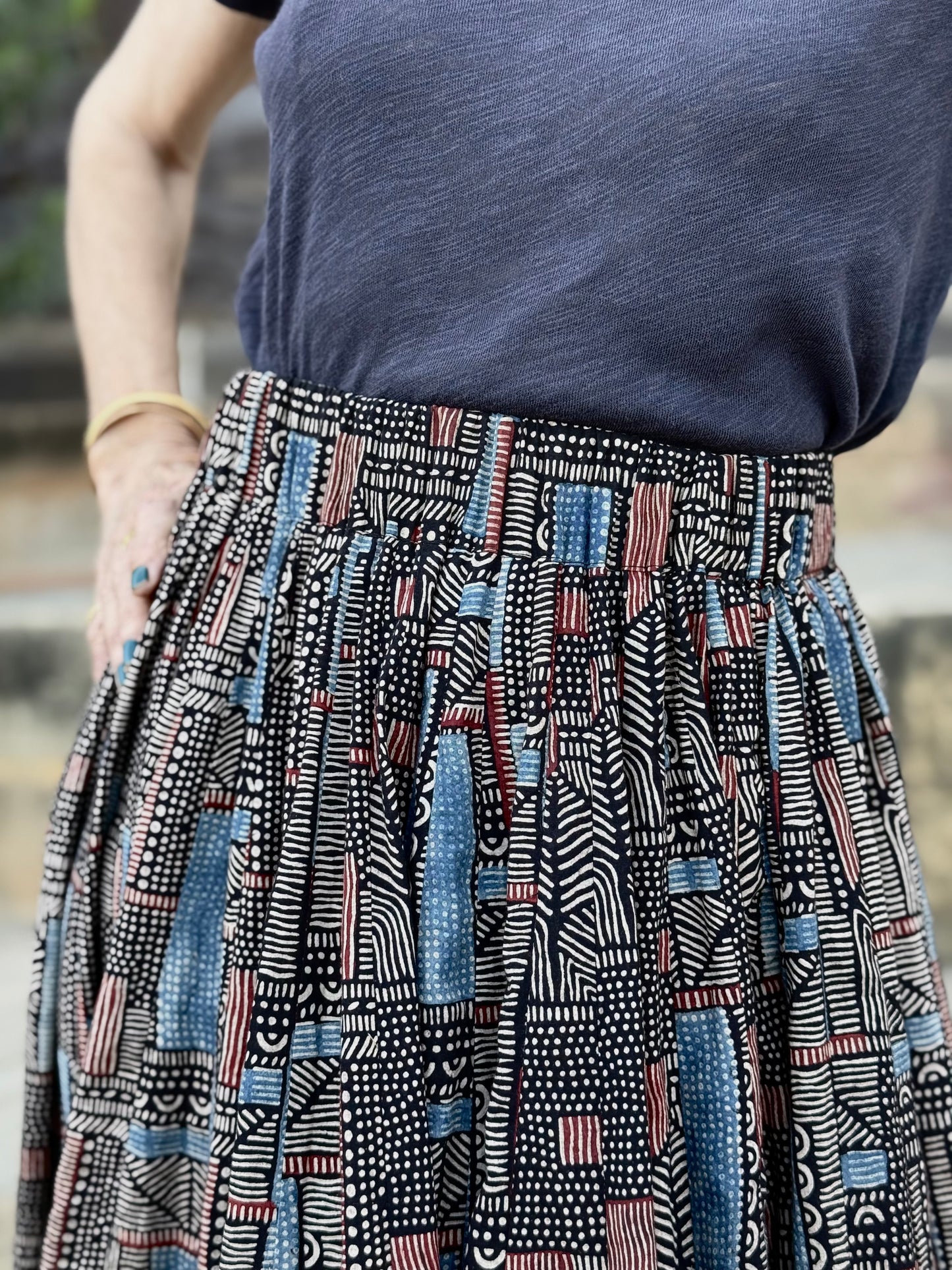 Abstract Indigo Midi Skirt Block from  Hand Printed Cotton. Perfect Twirl Skirt