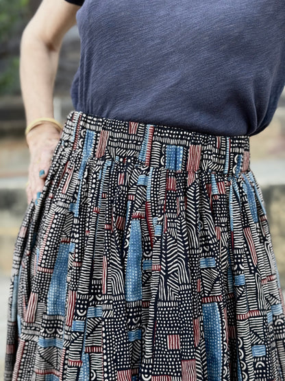 Abstract Indigo Midi Skirt Block from  Hand Printed Cotton. Perfect Twirl Skirt