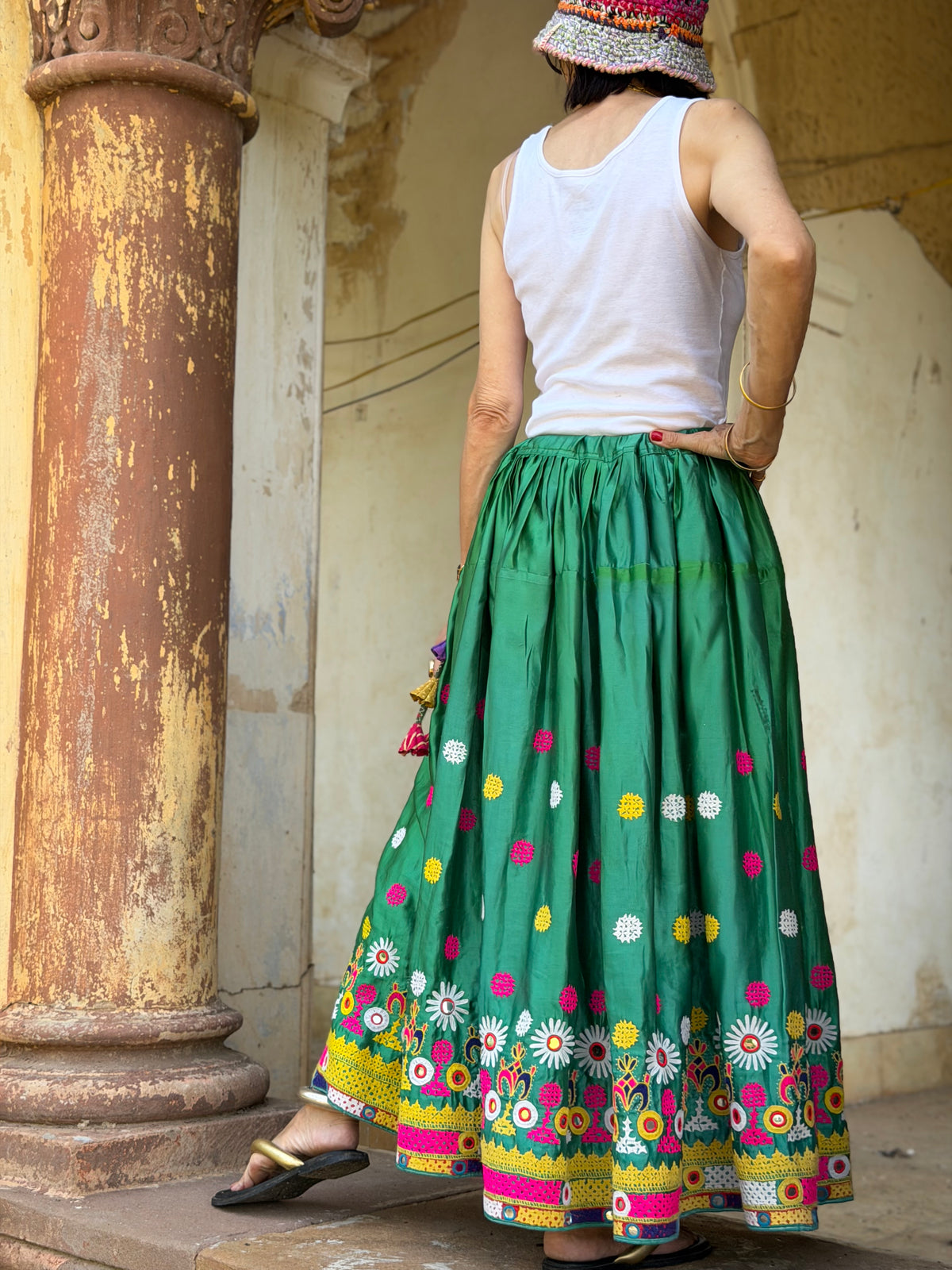Vintage Emerald Green Hand-Embroidered Silk Navratri Midi Skirt