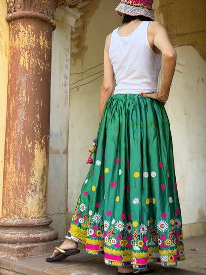 Vintage Emerald Green Hand-Embroidered Silk Navratri Midi Skirt