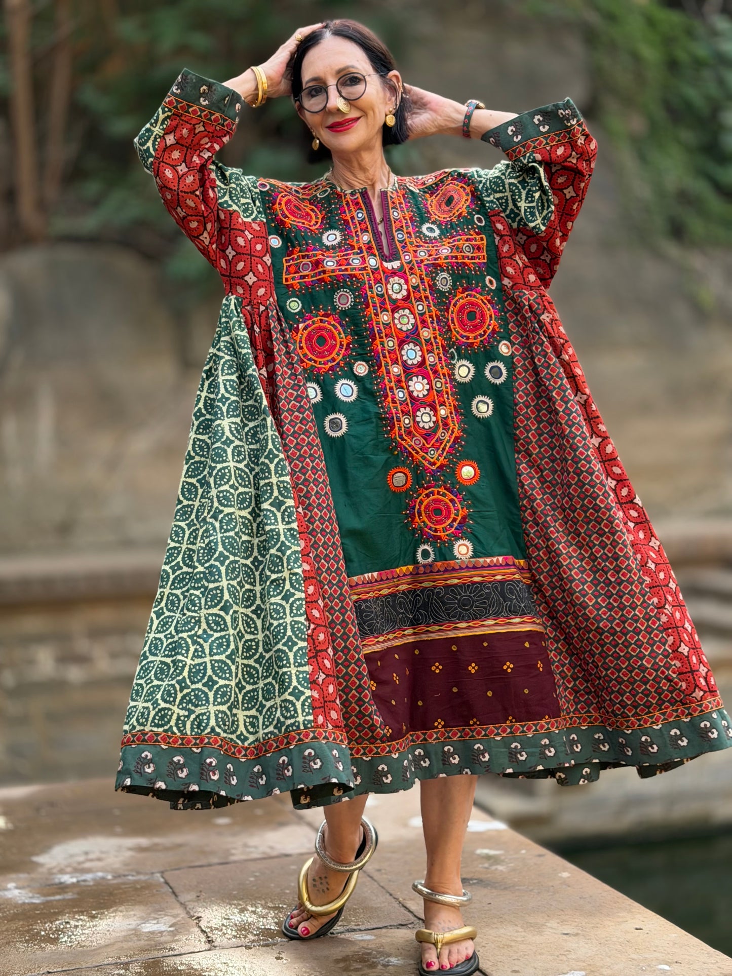 XXL Madame Hall 1-of-1 Green Artwear Dress with Rare Heritage Kutch Embroidered Yoke