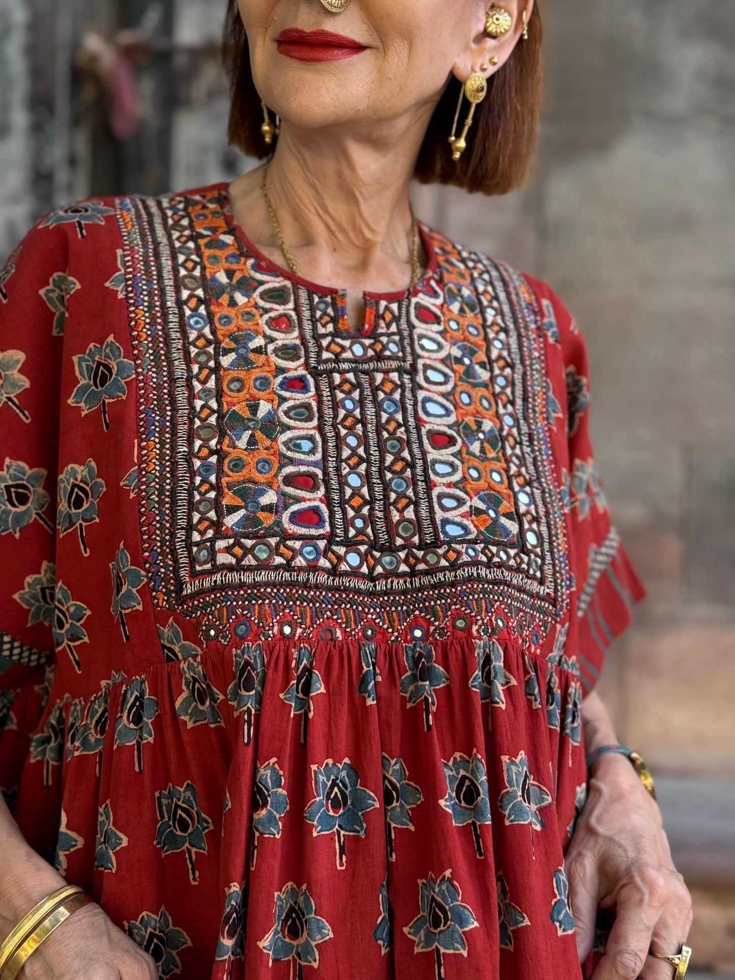 Kutch embroidery highlights this Ajrakh dress