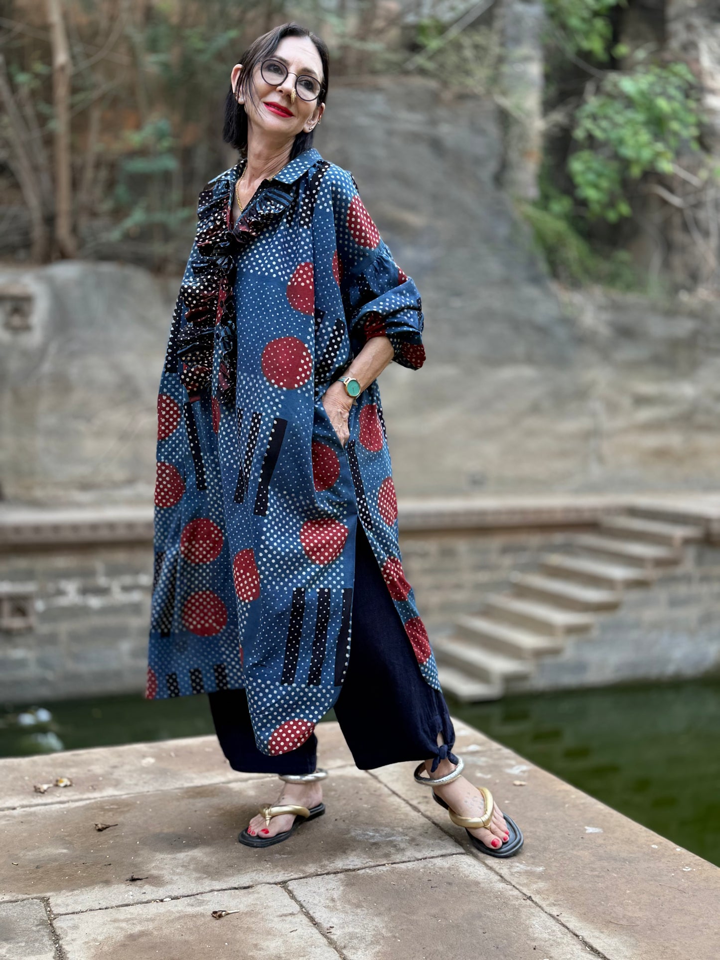 Modernist Indigo Ajrakh Cotton Shirtdress
