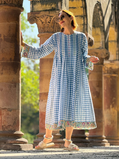 Blue Check Khadi Cotton Dress