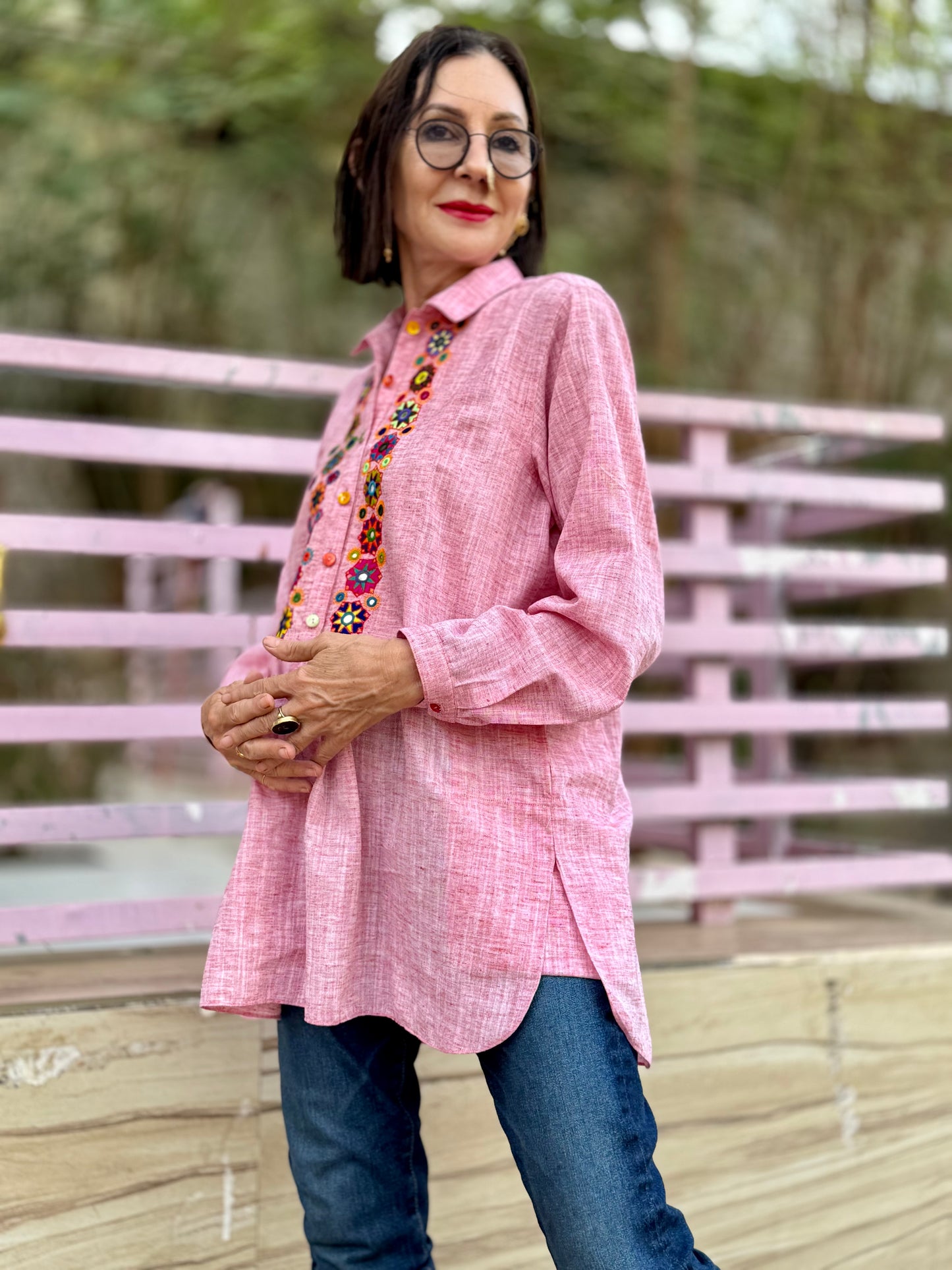 Khadi Cotton Pink Embroidery Shirt
